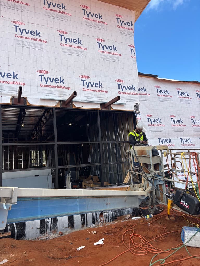 Commercial build steel framing with Tyvek wrap